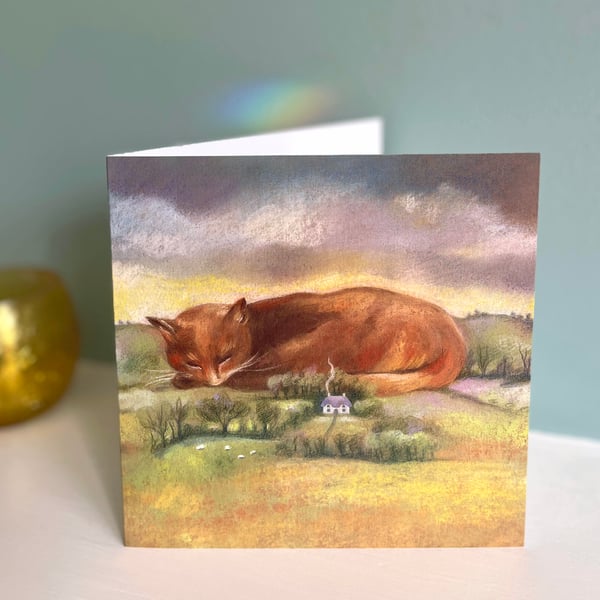 Cat art card - Dartmoor Dreaming - surreal cat card, landscape art card