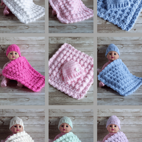 Crochet Doll Blanket and Hat, Handmade Accessories 8 Colour Options