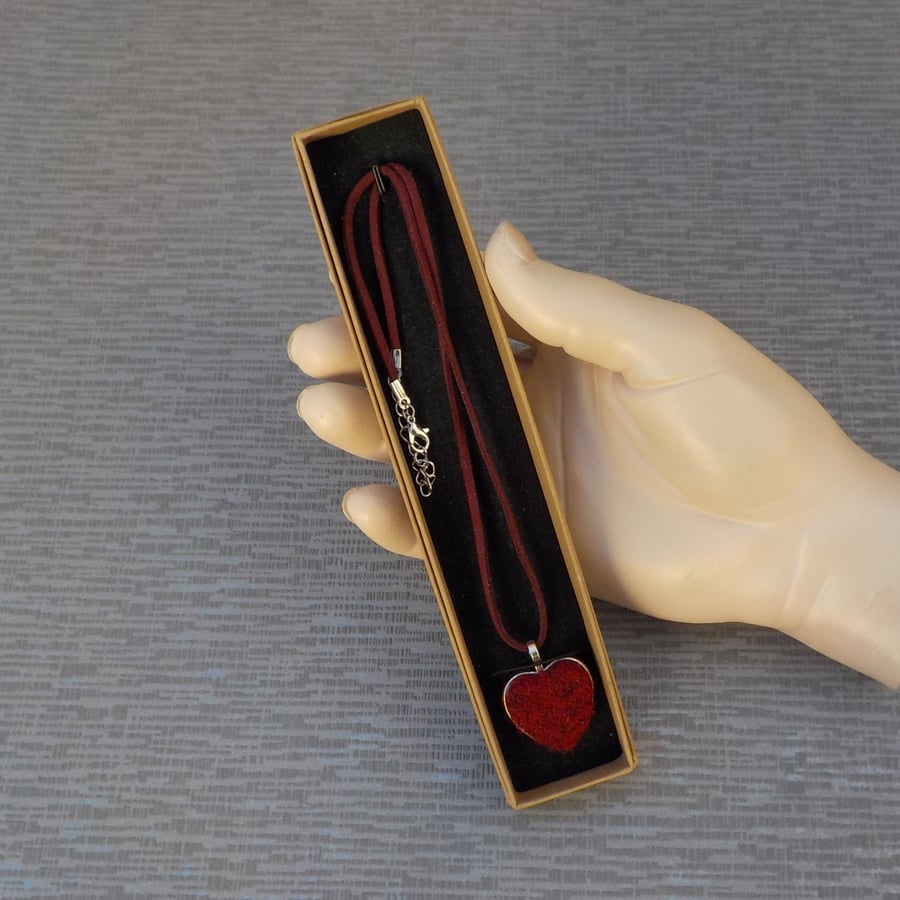 Handmade heart pendant necklace deep red Harris tweed