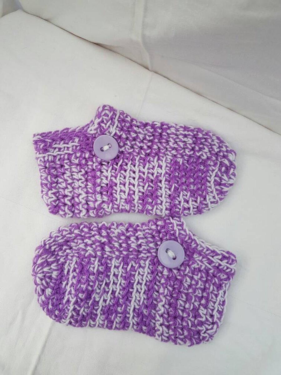 Purple and white crochet slipper socks