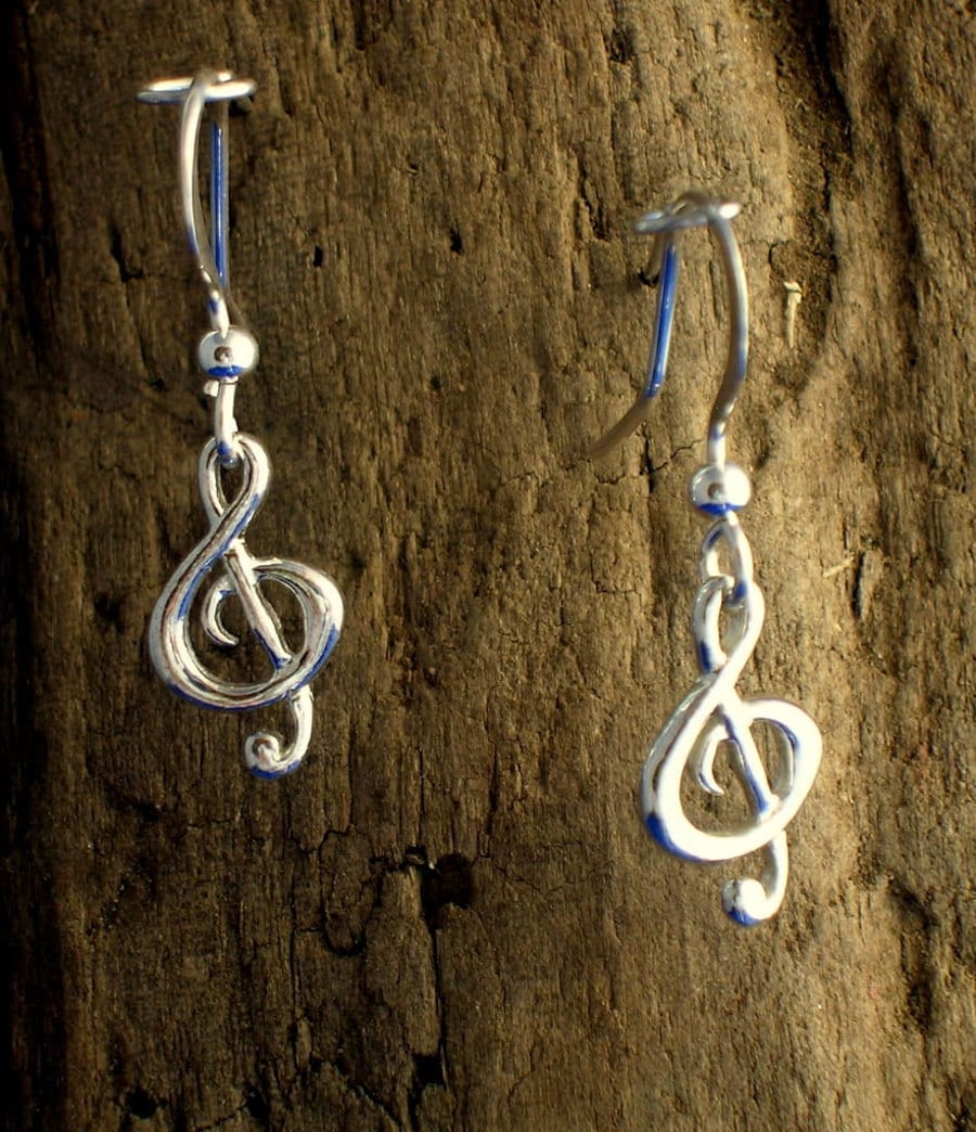 Silver Treble Clef Earrings, Sterling silver, Handmade, Music Note Jewellery