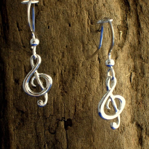 Silver Treble Clef Earrings, Sterling silver, Handmade, Music Note Jewellery