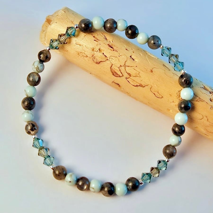 Larvikite, Howlite & Crystal Bracelet, Birthday, Anniversary, Gifts For Her