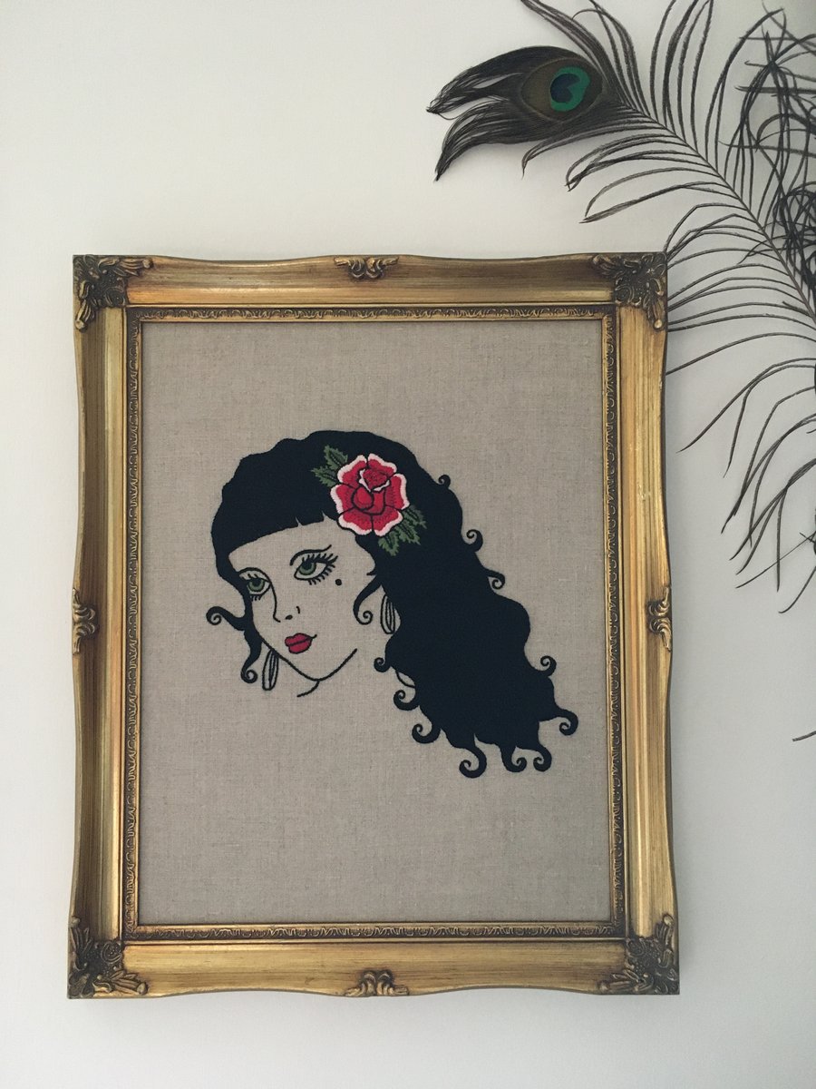 Hand Embroidered Woman (Tattoo Art Style) on Raw Linen in Vintage Frame 