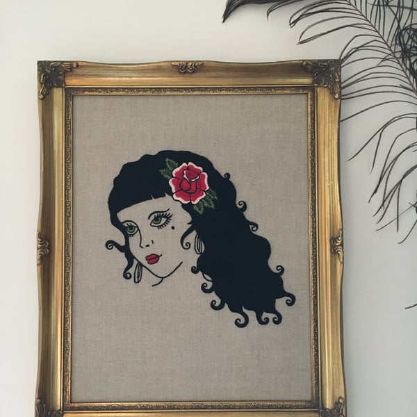 Hand Embroidered Woman (Tattoo Art Style) on Raw Linen in Vintage Frame 