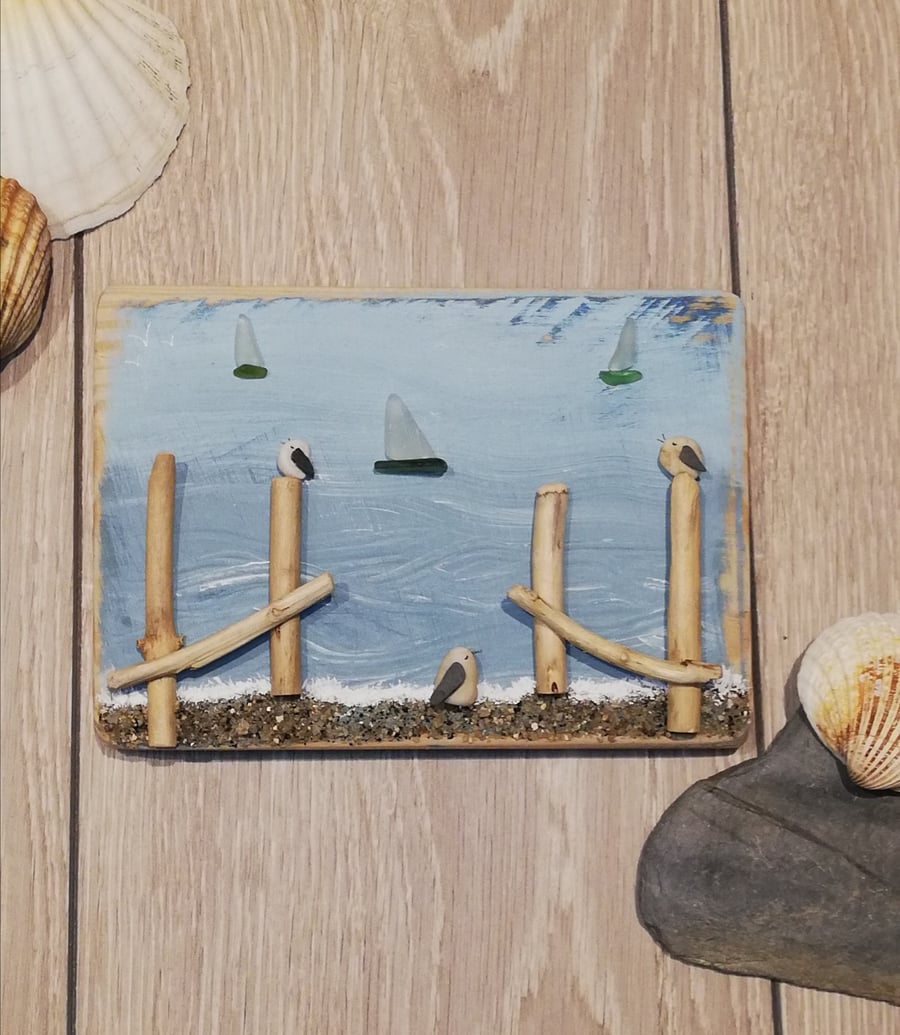 Pebble Seagull and seaglass boat palletwood plaque picture 