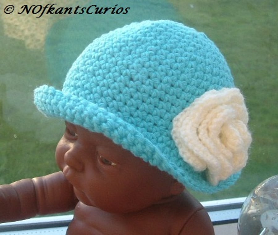 Turquoise Rose!  Crocheted Cotton Hat with Rose for Newborn Baby!