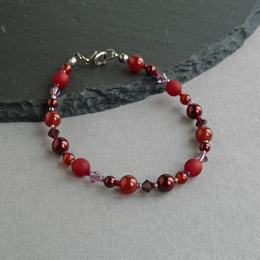 Burgundy Beaded Bracelet - Scarlet and Dark Red Single Strand Bracelets - Gifts
