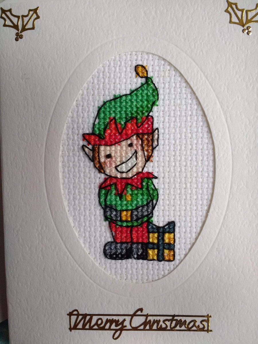 Cheeky elf cross stitch Christmas card