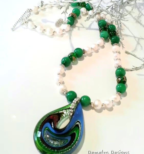 Murano Glass Genuine Freshwater Pearl & Quartzite Necklace