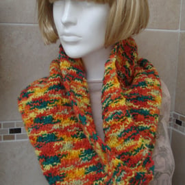 Hand Knitted Large Multi Autumn Coloured Scarf Cowl (A50)