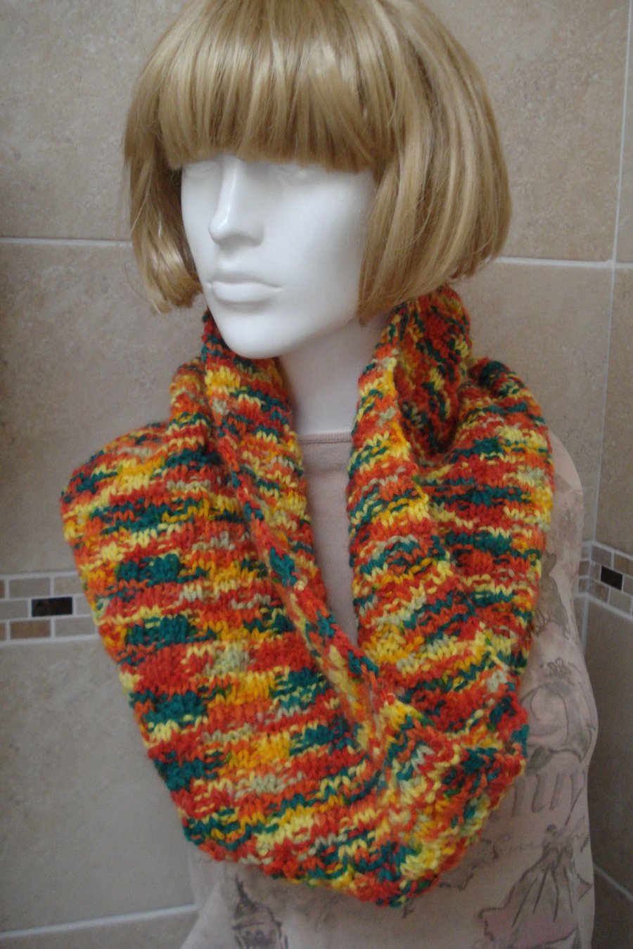 Hand Knitted Large Multi Autumn Coloured Scarf Cowl (A50)