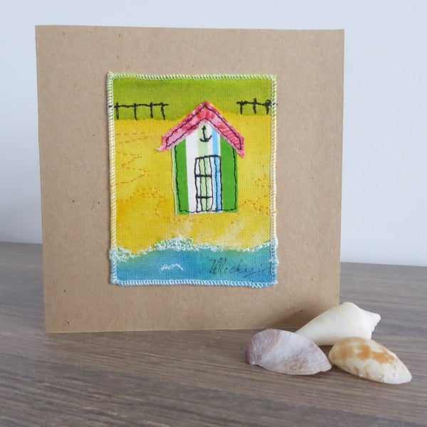 'BEACH HUT' - handmade textile card