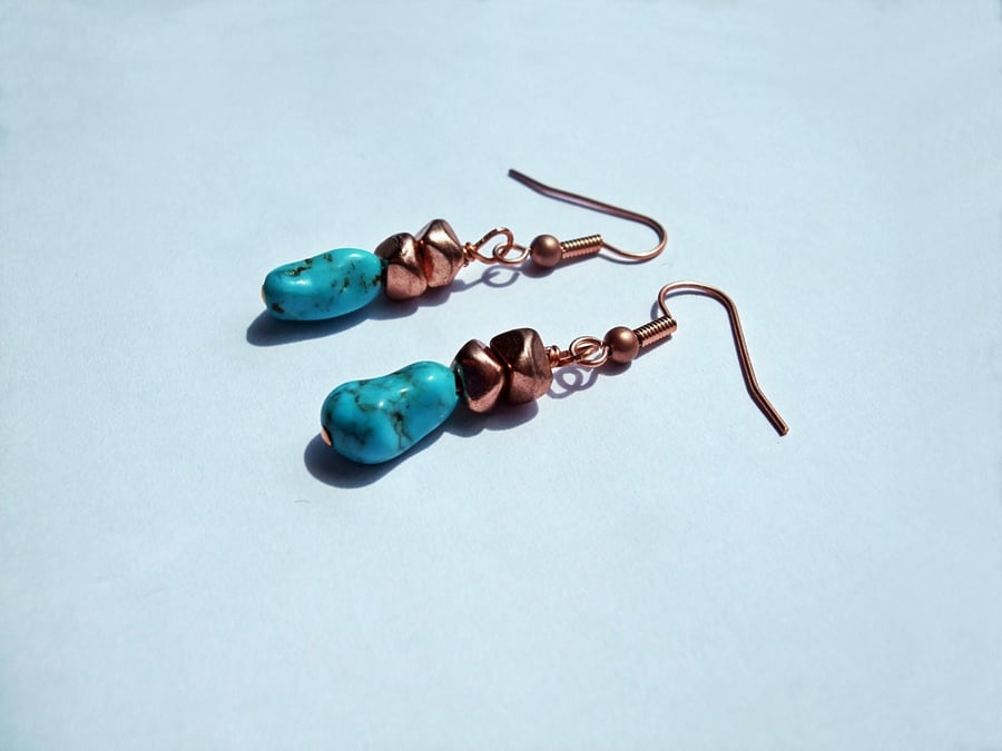 Turquoise and Copper Nugget dangle drop earrings