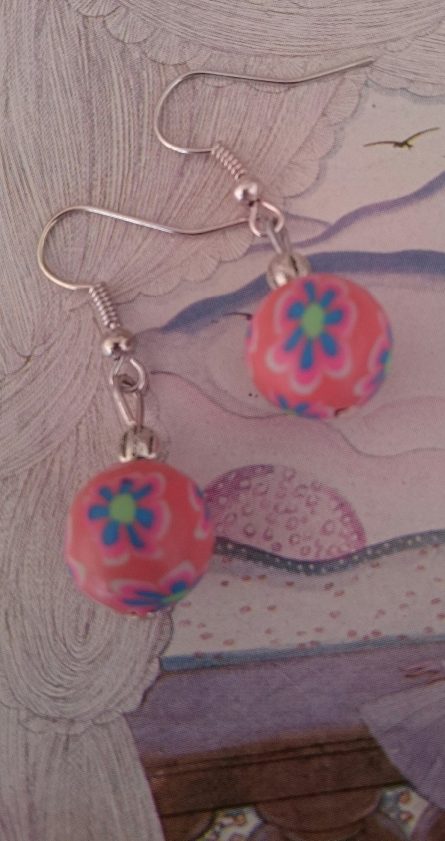  Dangly Sterling Silver Earrings with Pink Polymer Clay Beads