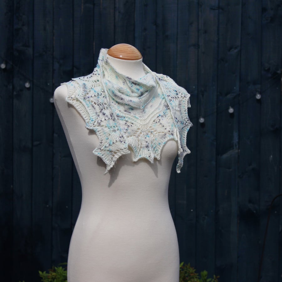 Hand knit beaded lace edged scarf shawl in white, blue & black - design F213