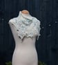 Hand knit beaded lace edged scarf shawl in white, blue & black - design F213 - Image 2