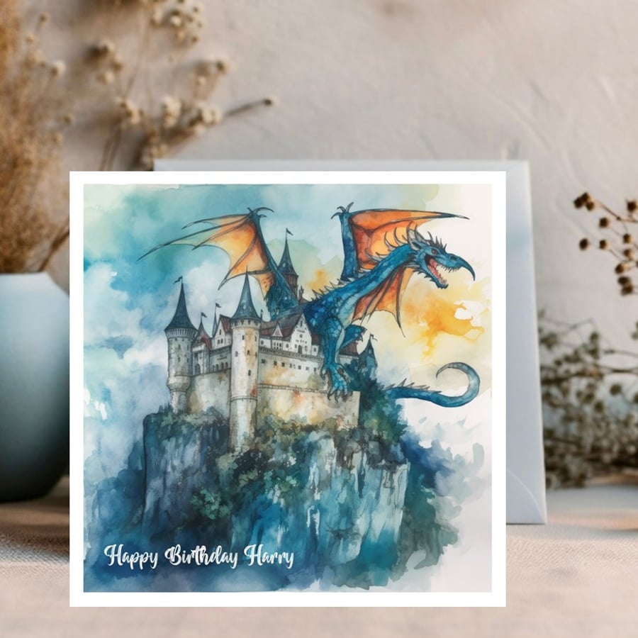 Watercolour Fantasy Dragons and Castles Greetings Card personalised 