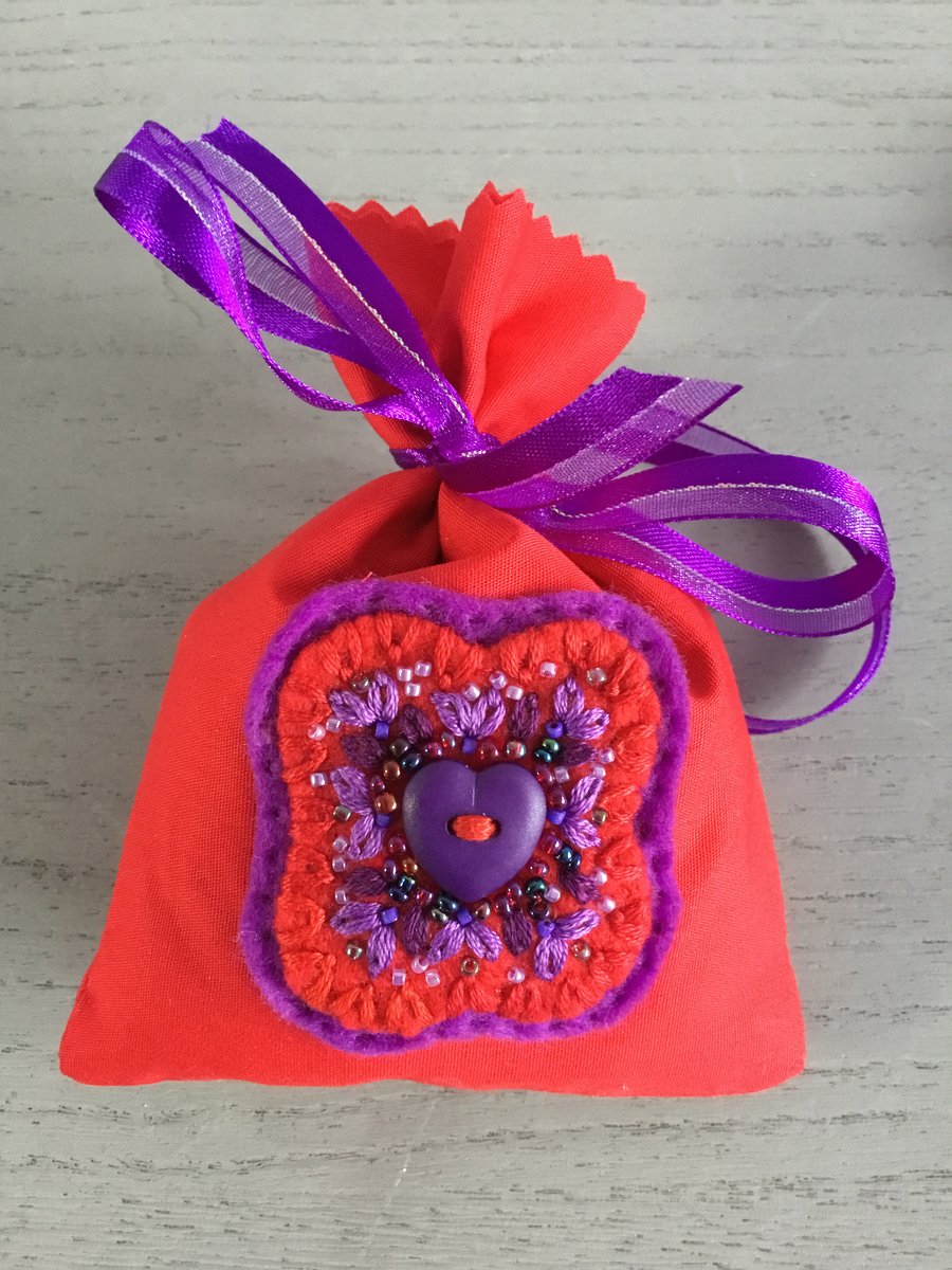 Embroidered Ruby Red Lavender Bag 
