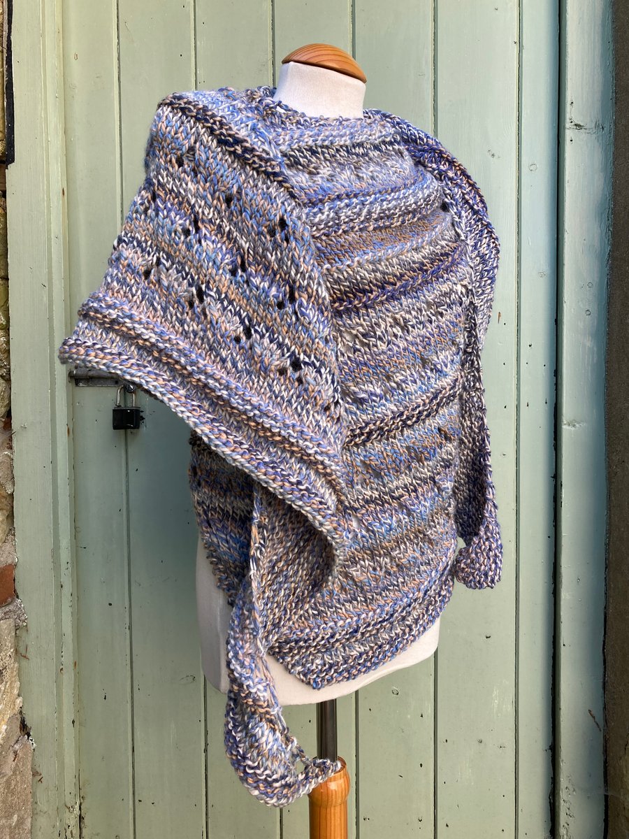 Generous Asymmetrical Handmade Handknitted Blue Wool Lace Shawl Wrap Scarf
