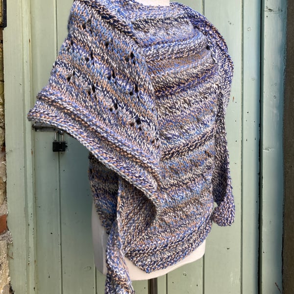 Generous Asymmetrical Handmade Handknitted Blue Wool Lace Shawl Wrap Scarf