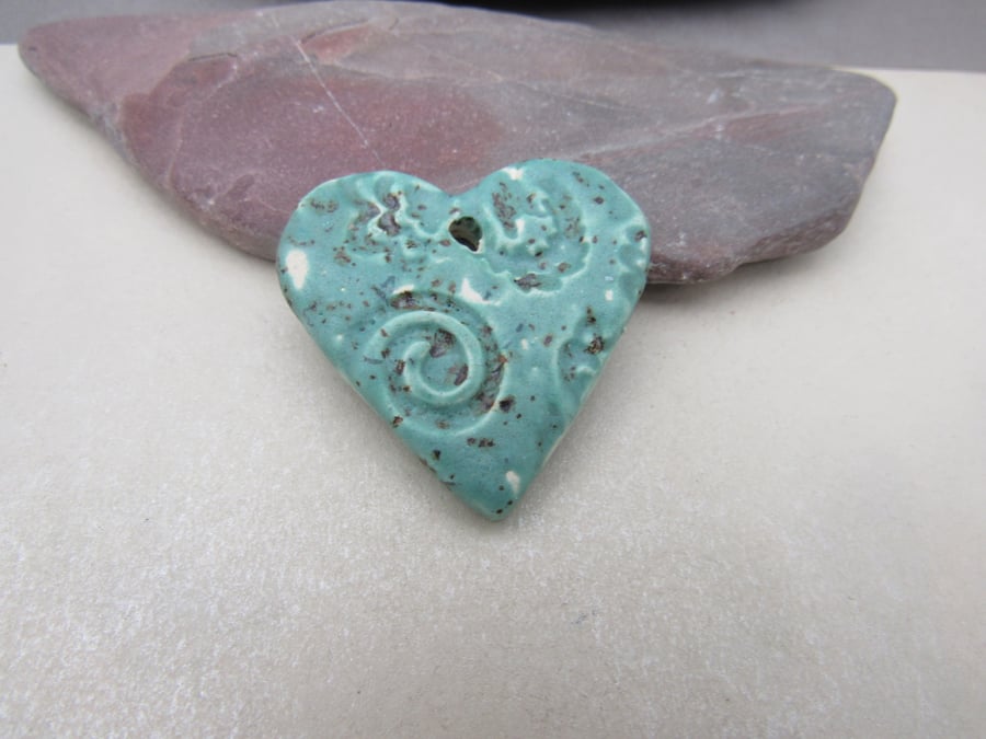 Medium Eggshell Blue Brocade Texture Heart Shaped Ceramic Pendant