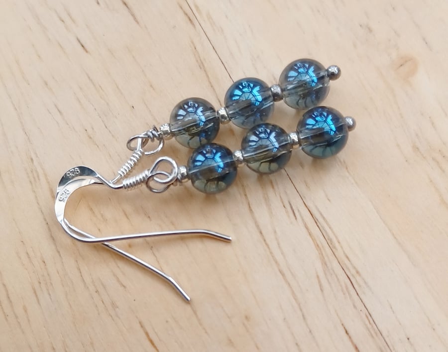 Blue Plated Quartz Crystal Pierced Earrings with 6mm Beads, 925 Silver Wires