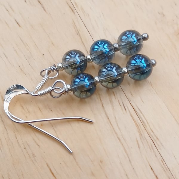 Blue Plated Quartz Crystal Pierced Earrings with 6mm Beads, 925 Silver Wires