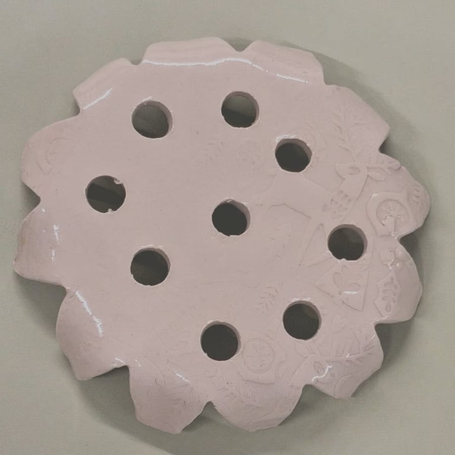 Ceramic christmas print flower frog, white