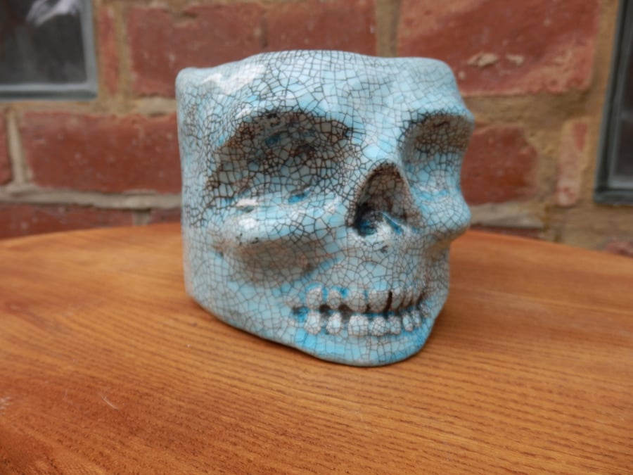 Turquoise Crackle Skull Plant Pot Ceramic Sculpture