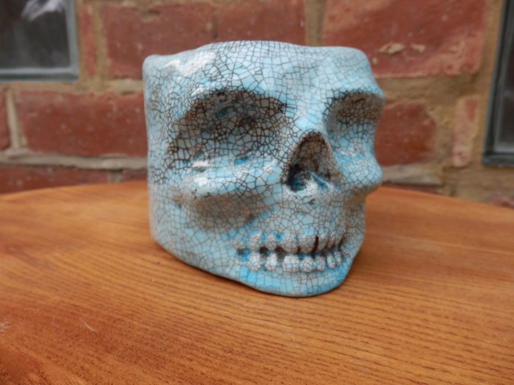 Turquoise Crackle Skull Plant Pot Ceramic Sculpture