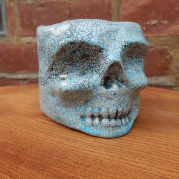 Turquoise Crackle Skull Plant Pot Ceramic Sculpture