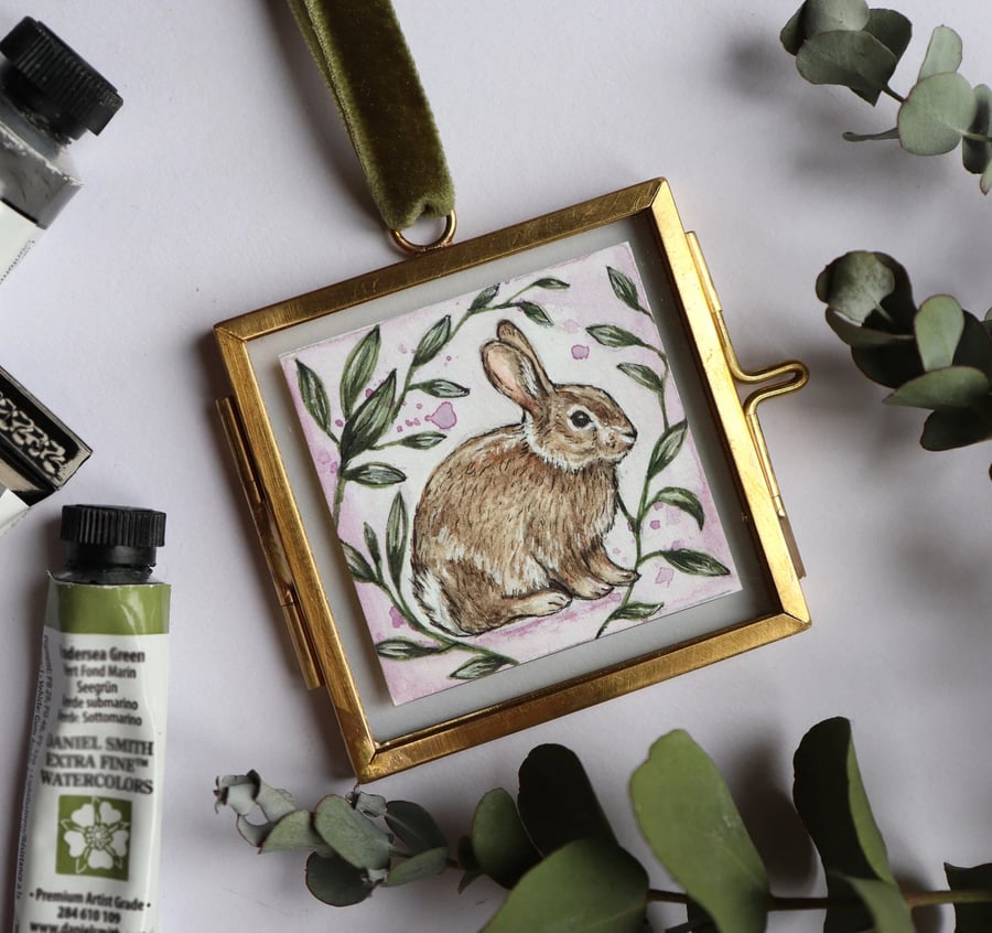 Original Watercolour Bunny Rabbit Miniature Painting, Mini Brass Hanging Frame