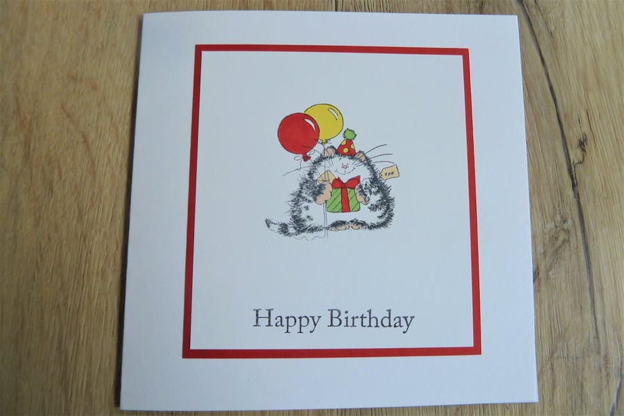 cat with balloons, happy birthday card