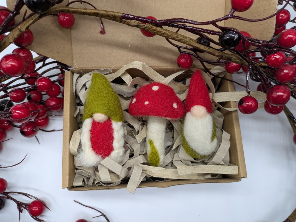 Forest gnomes and mushroom hanging decorations 