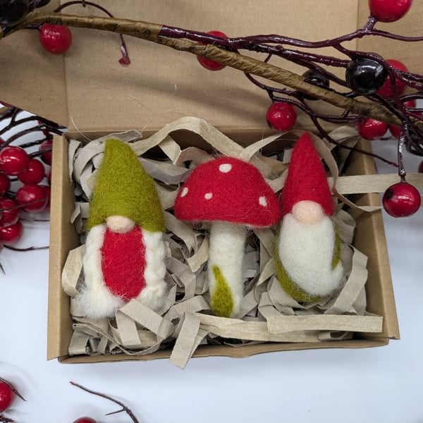 Forest gnomes and mushroom hanging decorations 