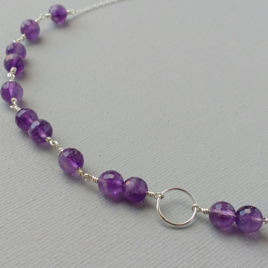 Karma Necklace of Sterling Silver and Amethyst Gemstones Handmade Chain 