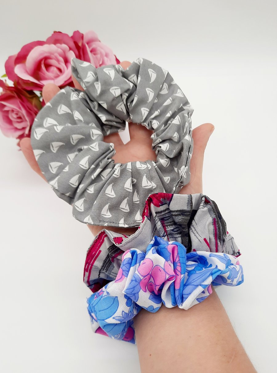 Hair scrunchie set, grey sail boat, blue floral and raspberry pink.  