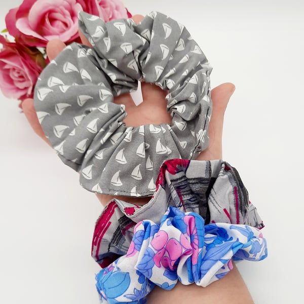 Hair scrunchie set, grey sail boat, blue floral and raspberry pink.  