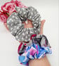 Hair scrunchie set, grey sail boat, blue floral and raspberry pink.  