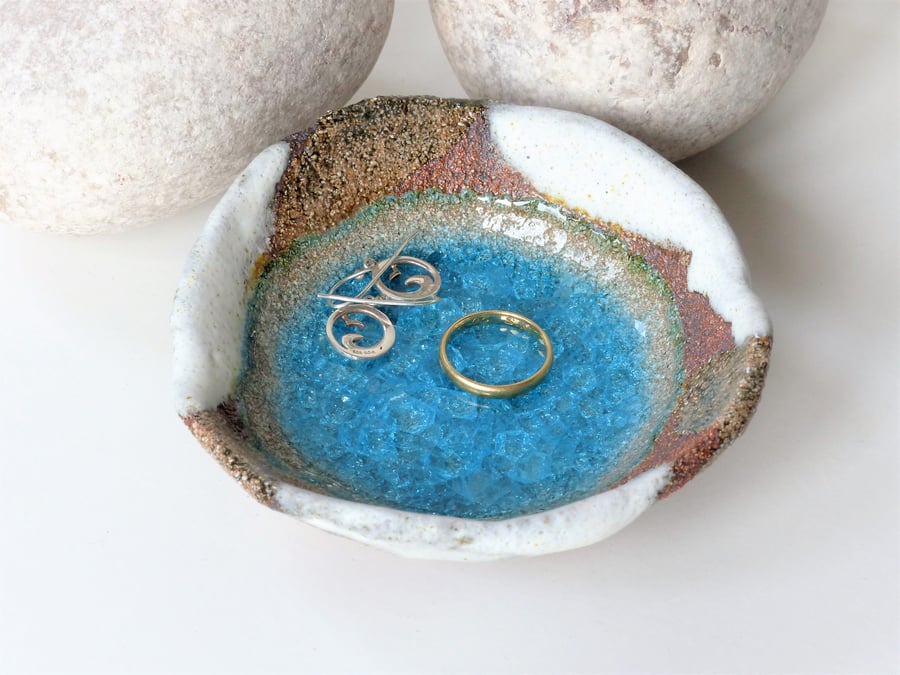  9cm AQUA BLUE GLASS POOL - Ceramic pottery Ring dish. UK Wedding Jewellery