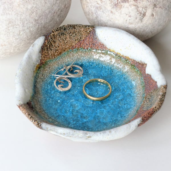  9cm AQUA BLUE GLASS POOL - Ceramic pottery Ring dish. UK Wedding Jewellery