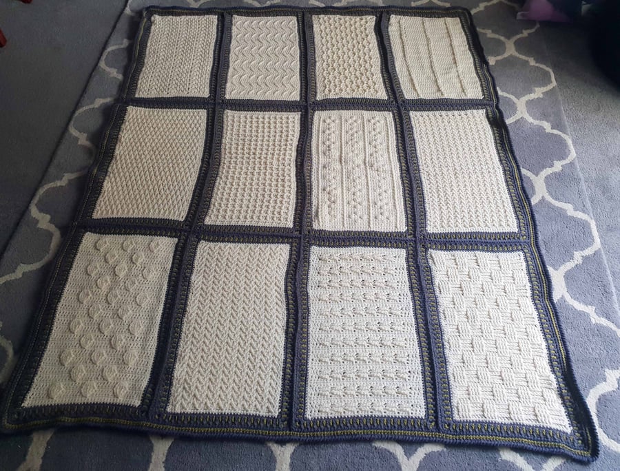 Crochet Sampler Blanket in Ivory, Blue Slate & Lime