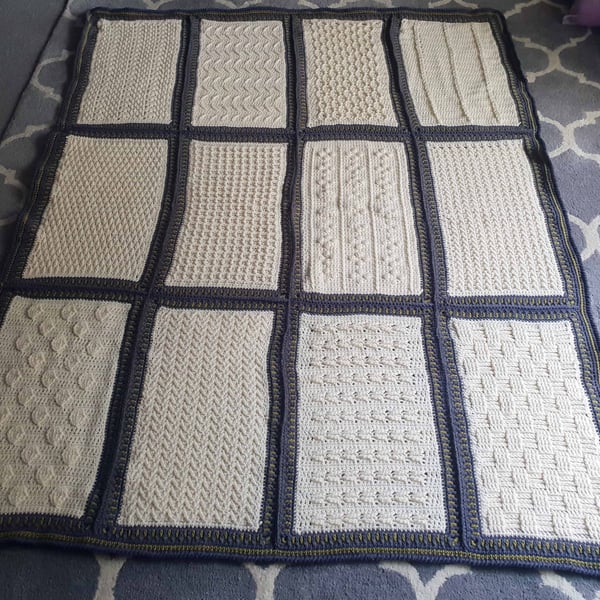 Crochet Sampler Blanket in Ivory, Blue Slate & Lime
