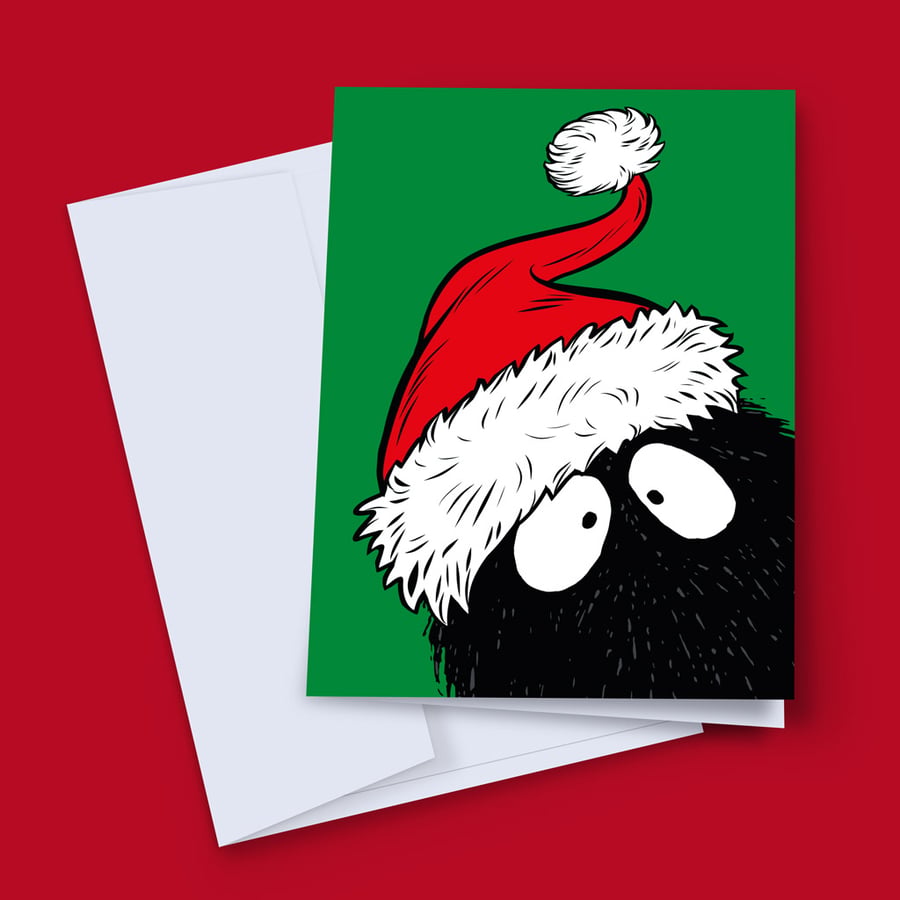 Peekaboo Monster Christmas Card, Santa Hat Funny Blank Christmas Card