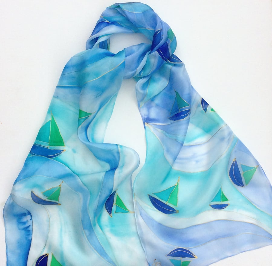 Blue Boats hand painted silk scarf