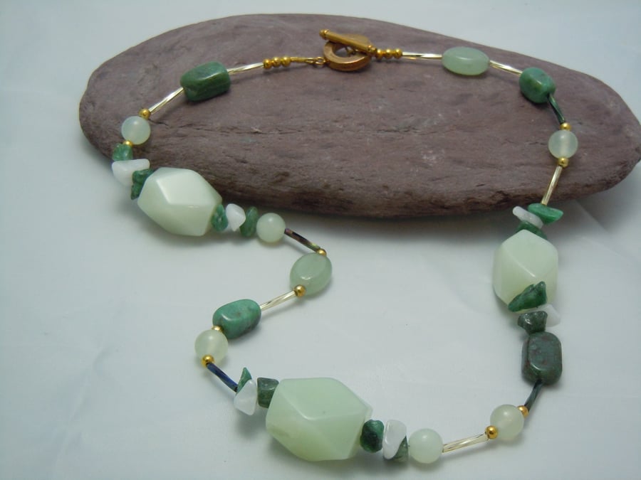 Jade, Aventurine & snow quartz statement necklace in gold plate
