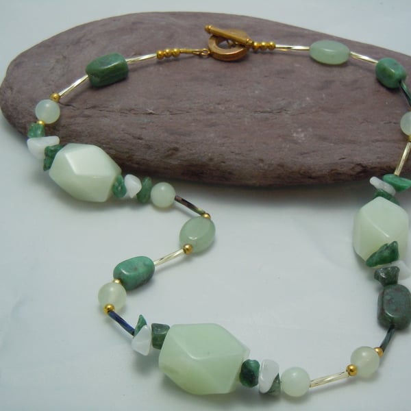 Jade, Aventurine & snow quartz statement necklace in gold plate