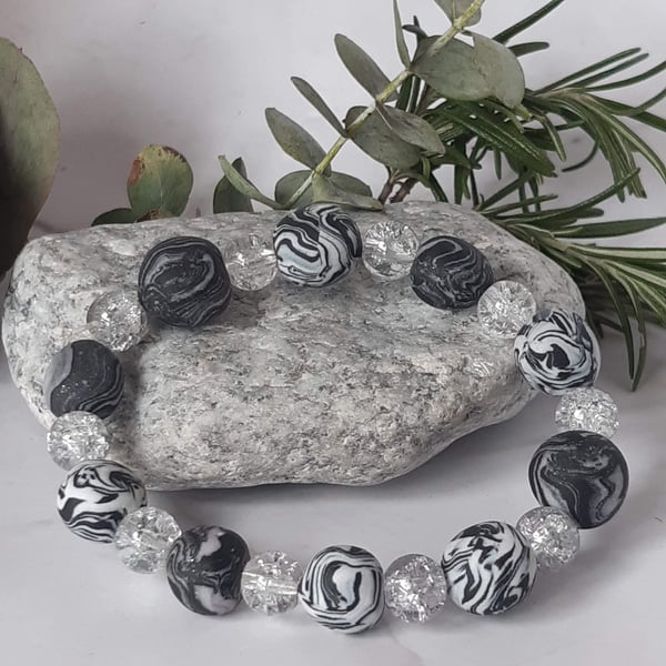 White, black and silver polymer clay stretch beaded bracelet  