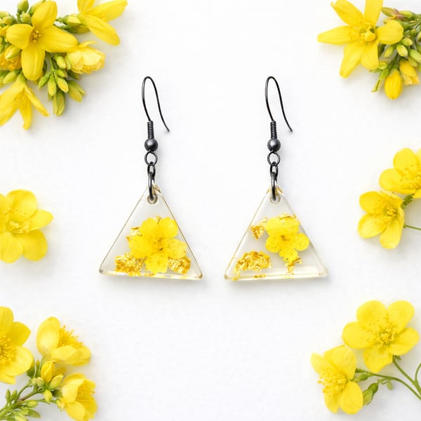 Small Yellow Flower Triangle Resin Earrings with Gold Leaf – Minimalist Dangle 